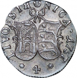 Реверс 4 копейки 1757 года «Ливонез»