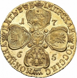 Реверс 5 рублей 1765 года СПБ-ТI